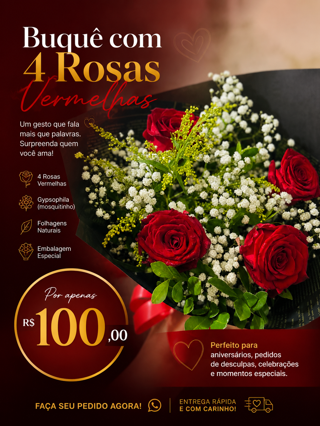 Buquê com 4 Rosas